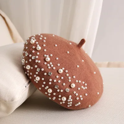 Ladies Small Fragrance Pearl Rhinestone Wool Beret Camel - Shop at LoveMi