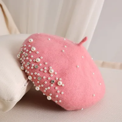 Ladies Small Fragrance Pearl Rhinestone Wool Beret Dark Pink - Shop at LoveMi