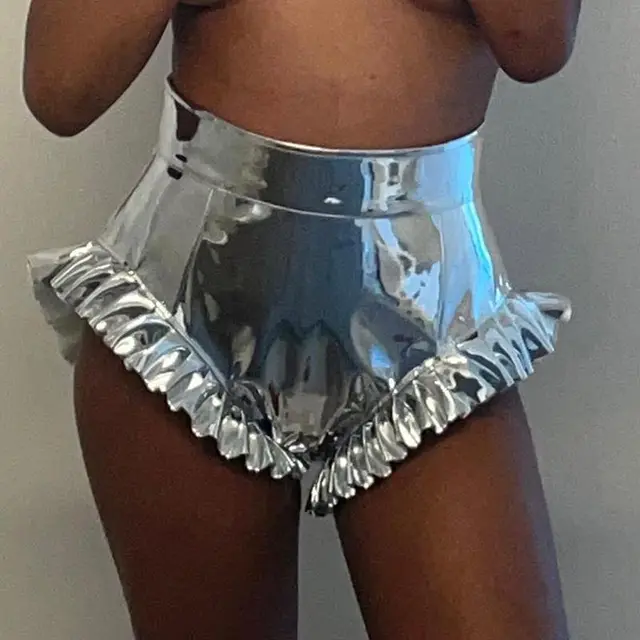 Shiny Personality PU Leather Fungus High Waist Shorts Silver - Shop at LoveMi