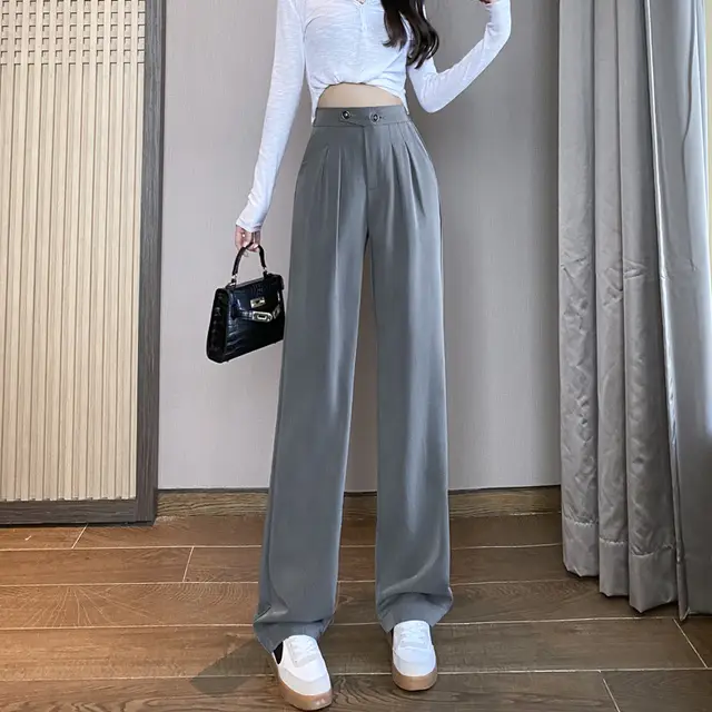High Waist Drape Loose Straight Casual Slim Wide Leg Trousers Grey - Shop at LoveMi