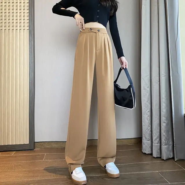 High Waist Drape Loose Straight Casual Slim Wide Leg Trousers Khaki - Shop at LoveMi