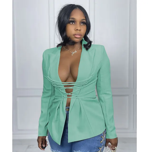 Women's Solid Color French Black Casual Blazer Top Green - Shop at LoveMi