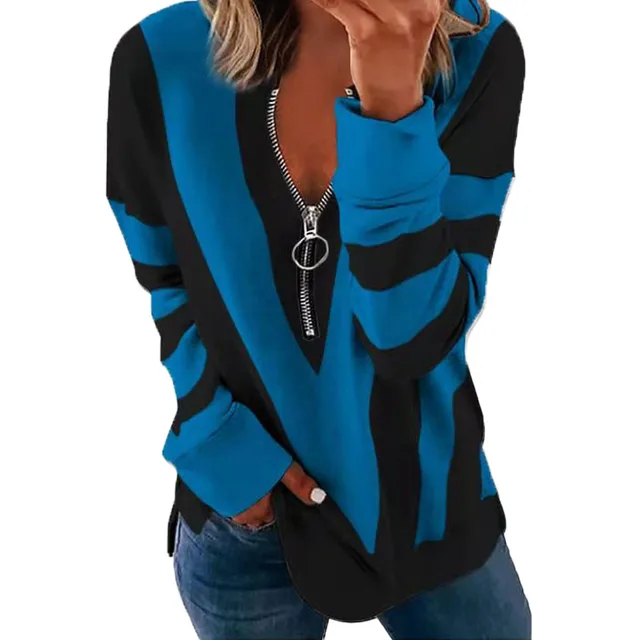 Printed Long Sleeve V Neck Zip Casual Loose Sweatshirt Blue - Shop at LoveMi