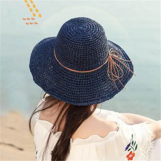 Foldable Raffia Women's Big Brim Beach Hat Navy Blue - Shop at LoveMi