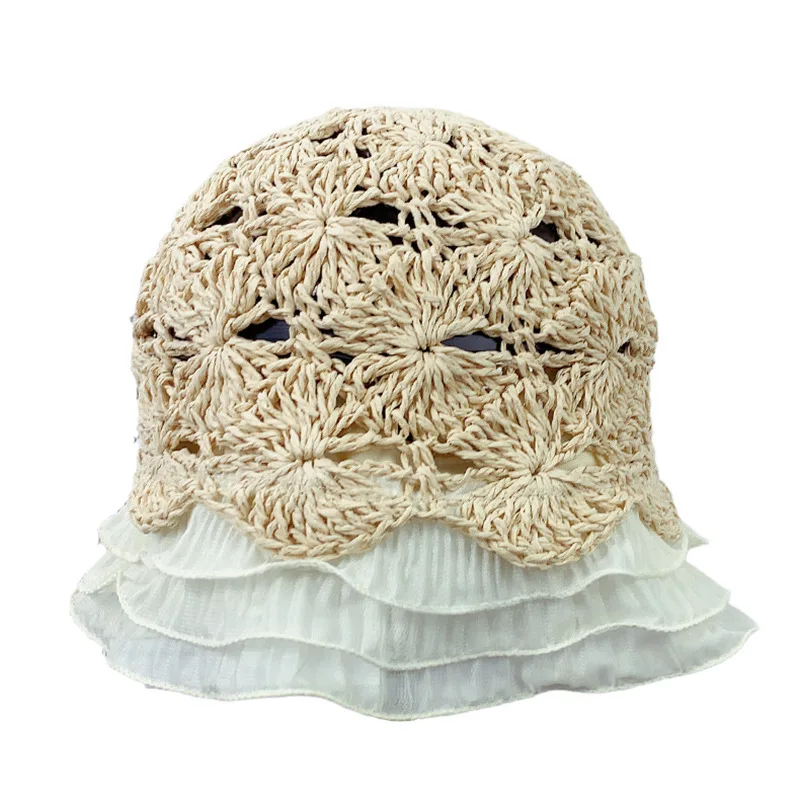 Handwoven Ruffled Lace Cutout Fisherman Hat - Beige