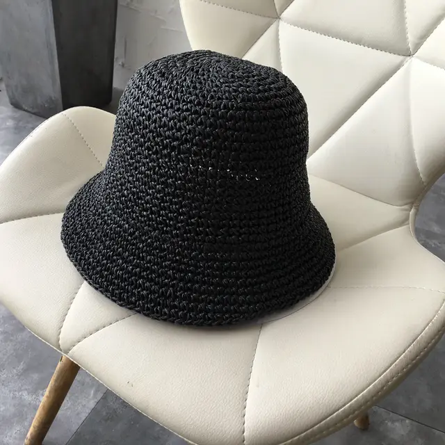 Women's Straw Hat Foldable Rolled Edge Small Brim Sunshade Black - Shop at LoveMi