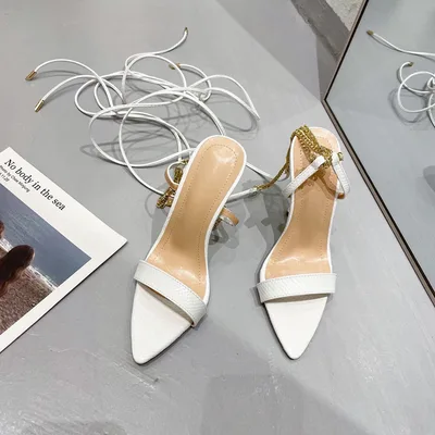 Women's Summer Metal Chain Strap Pointy High Heels White - Shop at LoveMi