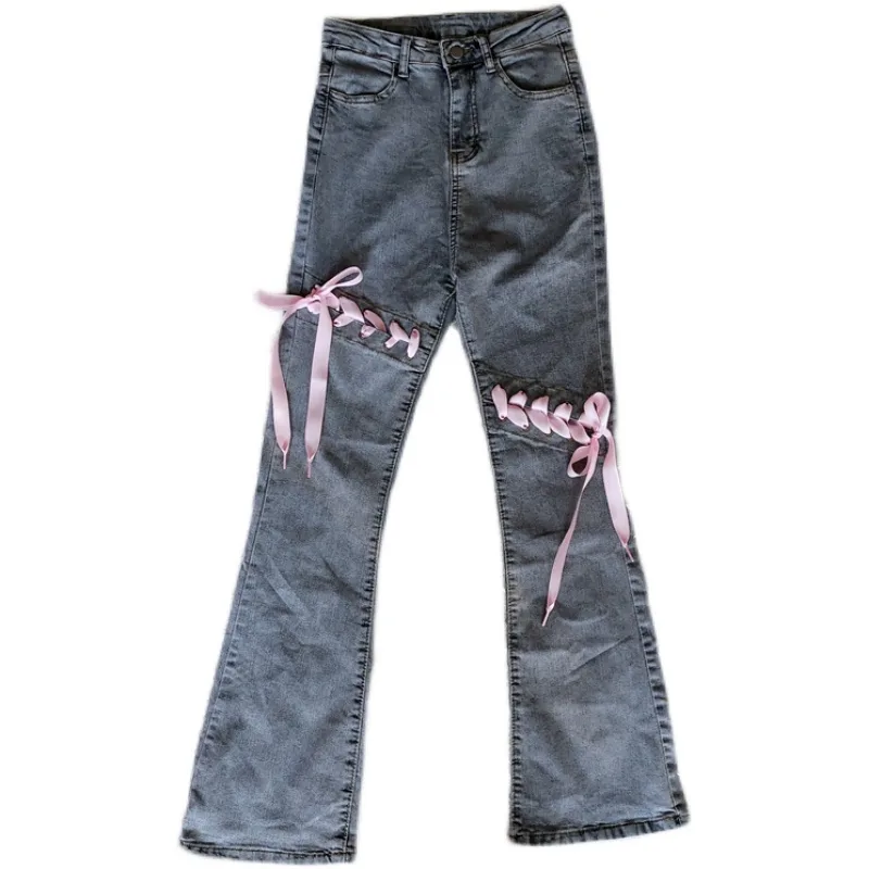 Women's High Waist Lace up Slim Straight Jeans Light Blue - Shop at LoveMi
