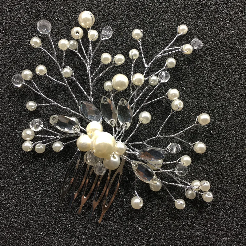 Bridal Headdress Pearl Hair Comb Wedding Bridal Accessories European And American Headdress Silver Iron Wire Version - Shop at LoveMi