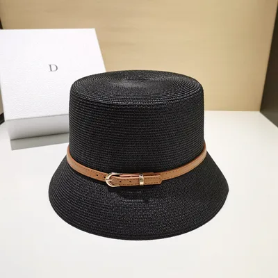 Straw Breathable Flat Top Hat With Belt Buckle Black - Shop at LoveMi