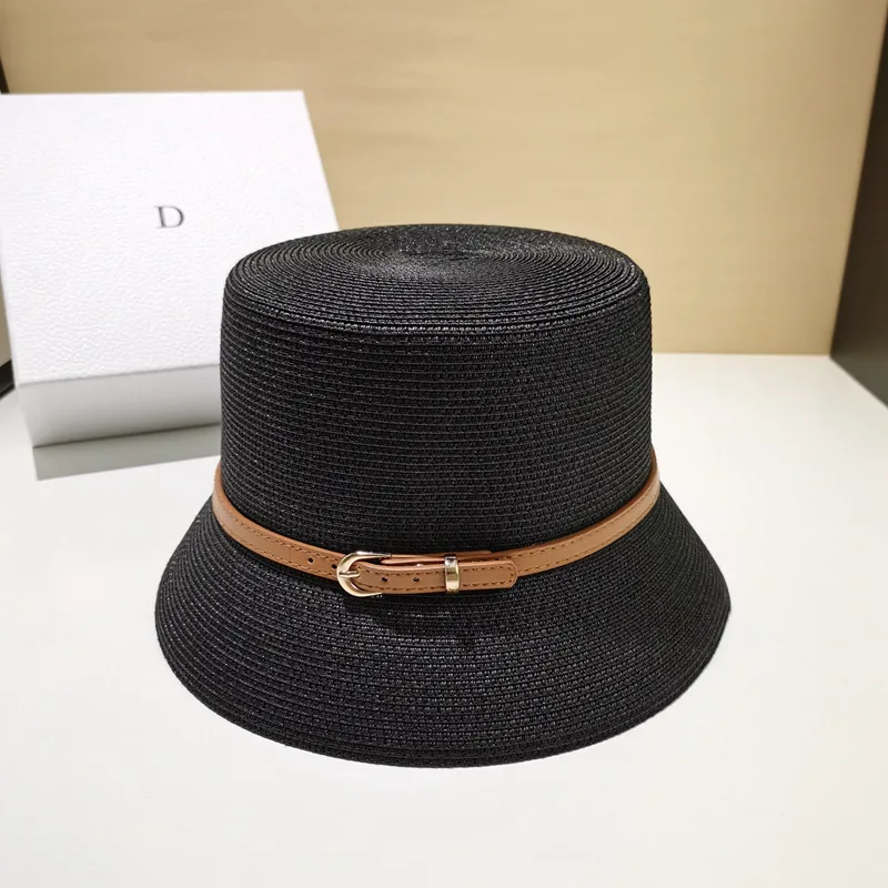 Straw Breathable Flat Top Hat With Belt Buckle - Black