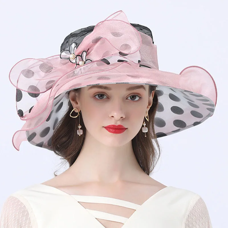 Ladies Street Casual Sun Hat With Polka Dot Decoration And Big Brim - Pink