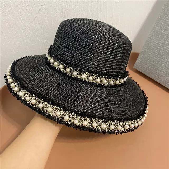 Fringed Pearls Along Fisherman's Hat With Big Eaves Black - Shop at LoveMi