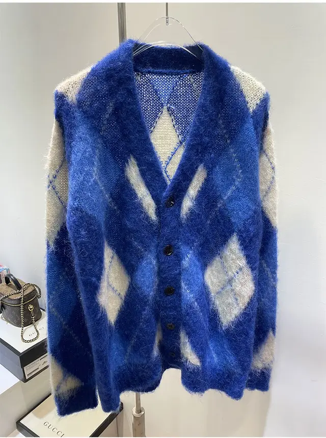 Niche New Loose Color Matching Diamond Mohair Knitted Sweater Blue - Shop at LoveMi