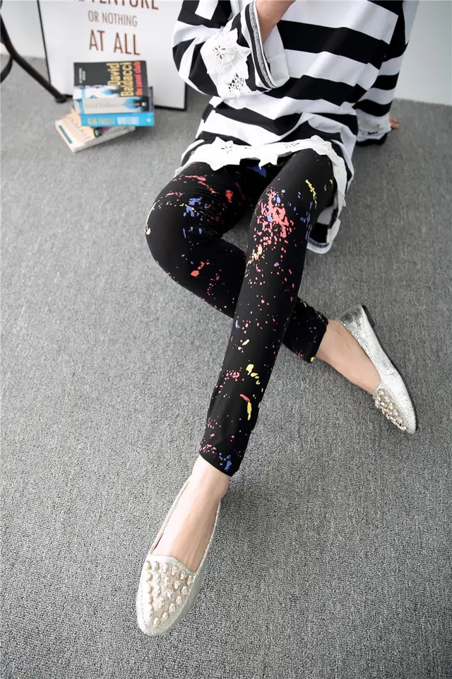 Spring Graffiti Milk Silk Ink Painting Elastic Leggings Black Background Splash Ink - Shop at LoveMi