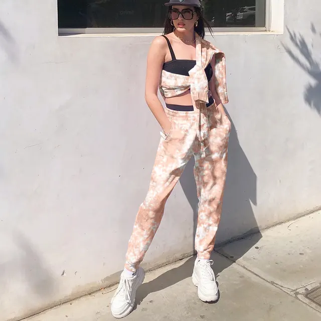Women's Elastic High Waist Tie Dye Rainbow Slim Casual Pants Orange - Shop at LoveMi