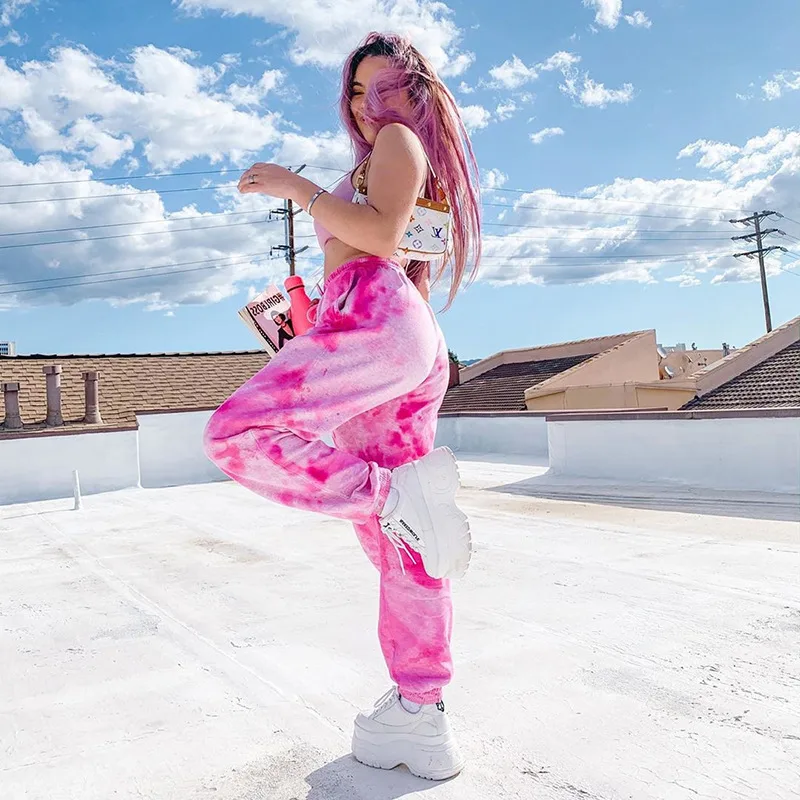 Women's Elastic High Waist Tie Dye Rainbow Slim Casual Pants - Red
