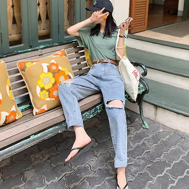 Ripped Pants Loose Bf Dad High Waist Blue - Shop at LoveMi