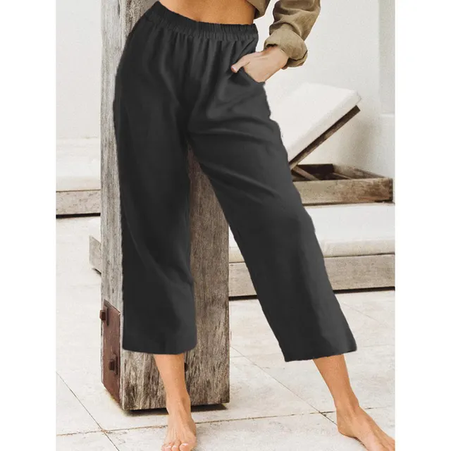 Women's Solid Color Loose Casual Elastic High Waist Cropped Pants Black - Shop at LoveMi