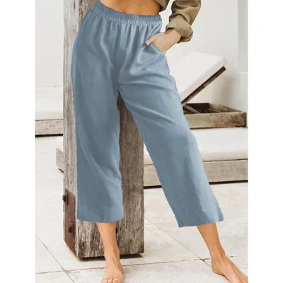 Women's Solid Color Loose Casual Elastic High Waist Cropped Pants Lake Blue - Shop at LoveMi