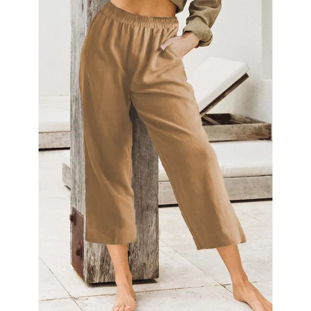 Women's Solid Color Loose Casual Elastic High Waist Cropped Pants Orange - Shop at LoveMi