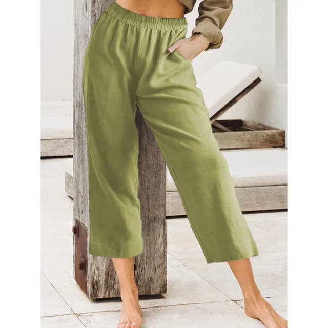 Women's Solid Color Loose Casual Elastic High Waist Cropped Pants Yellow Green - Shop at LoveMi