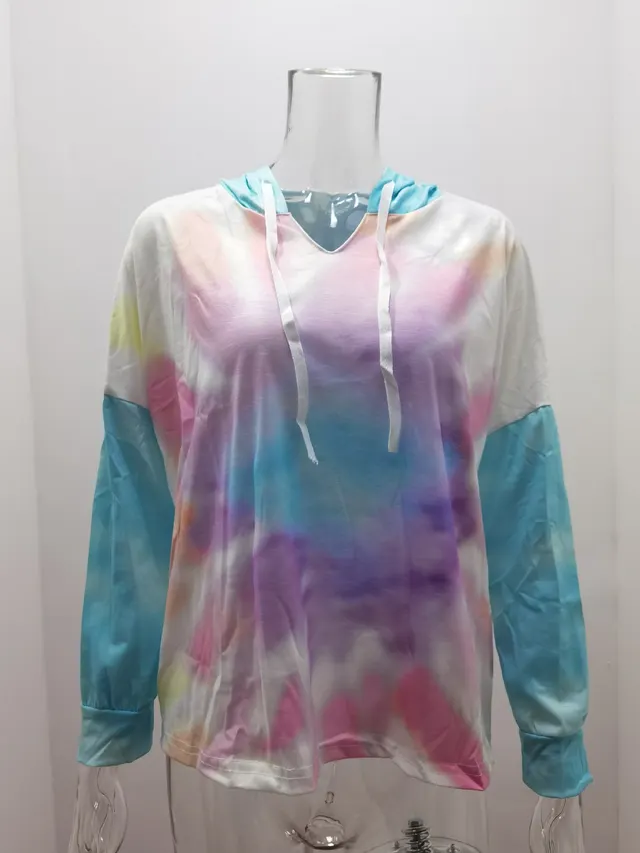 Tie Dye Gradient V Neck Hooded Long Sleeve Pullover Casual Sweatshirt Sunflower - Shop at LoveMi