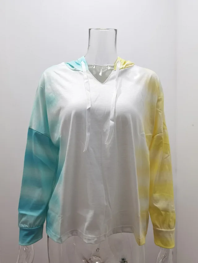 Tie Dye Gradient V Neck Hooded Long Sleeve Pullover Casual Sweatshirt Yellow - Shop at LoveMi