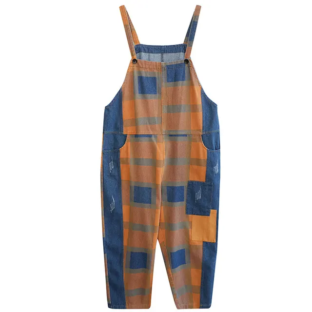 Vintage Literary Print Plaid Wash Denim Overalls Brown - Shop at LoveMi