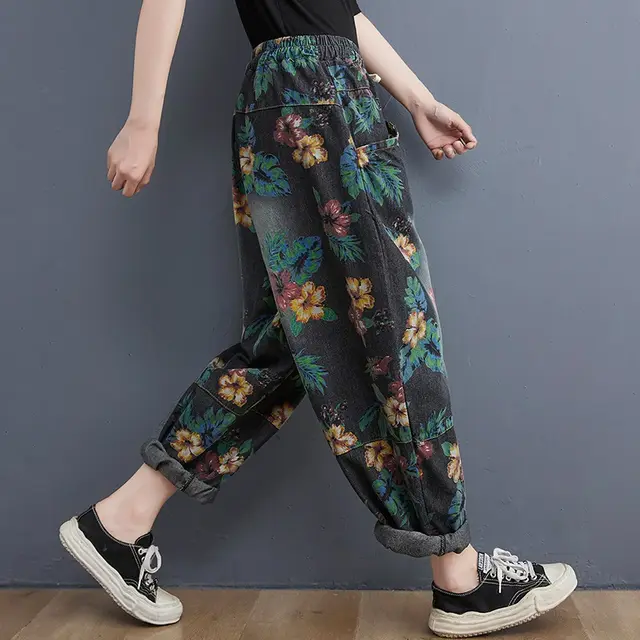 Women's Autumn Retro Print Casual Washed Jeans Harem Pants Black - Shop at LoveMi