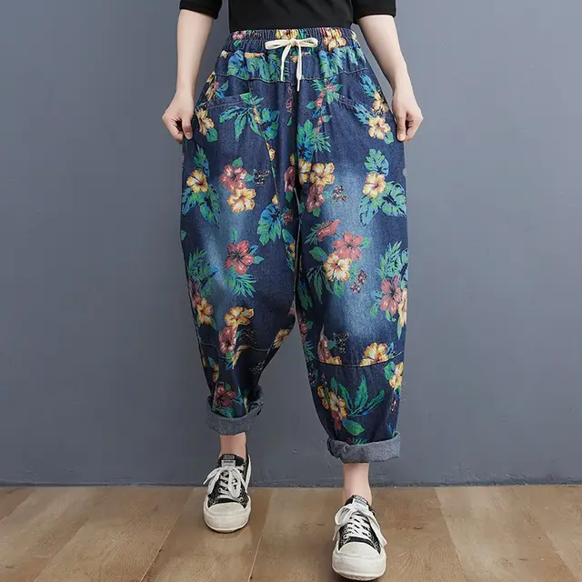 Women's Autumn Retro Print Casual Washed Jeans Harem Pants Blue - Shop at LoveMi