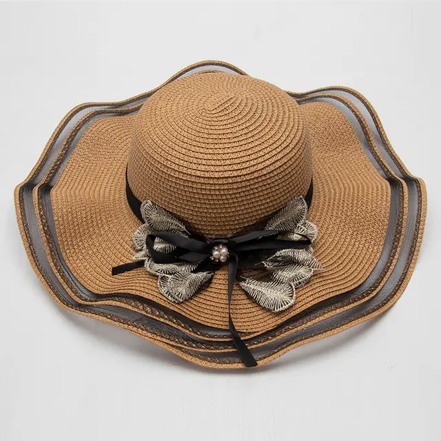 Summer Beach Straw Hat Korean Style All match Lace D109 Khaki Lace Bow - Shop at LoveMi