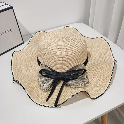 Summer Beach Straw Hat Korean Style All match Lace D138 Beige Bow Lace - Shop at LoveMi