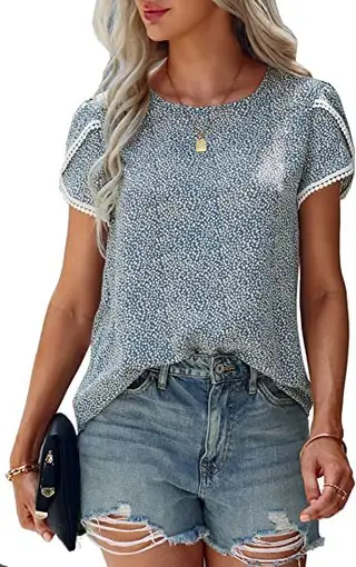 Women's Top Casual Floral Print Lace Crochet Short Sleeves - Blue