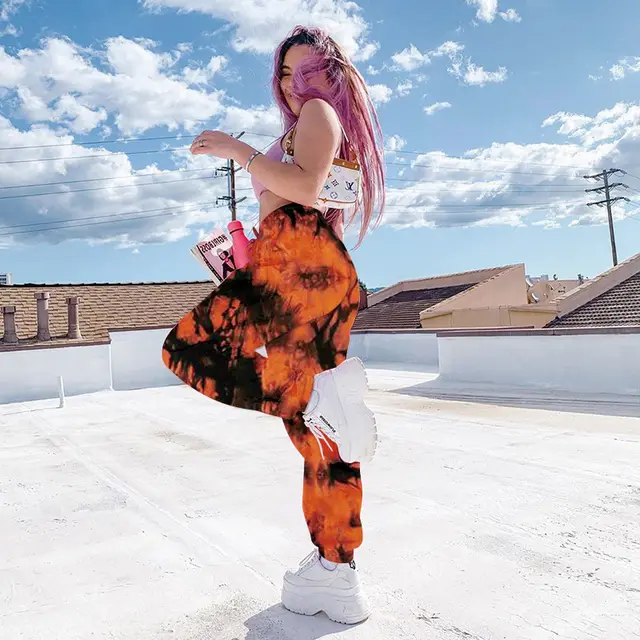 Elastic Tie dye Rainbow Color Thin Casual Street Shooting Women's Trousers Orange - Shop at LoveMi