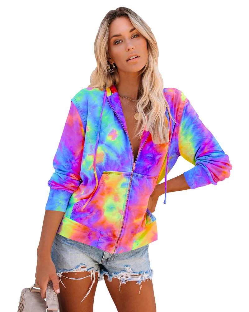 Long Sleeve Casual Tie Dye Print Colourful Hooded Long Sleeve Sweatshirt - Blue Purple - View 1