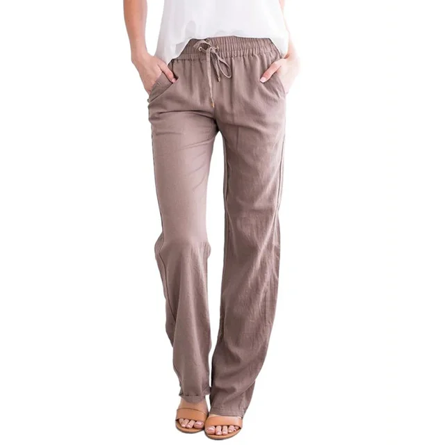 Solid Color Cotton Linen Drawstring Loose Casual Wide Leg Trousers Khaki - Shop at LoveMi