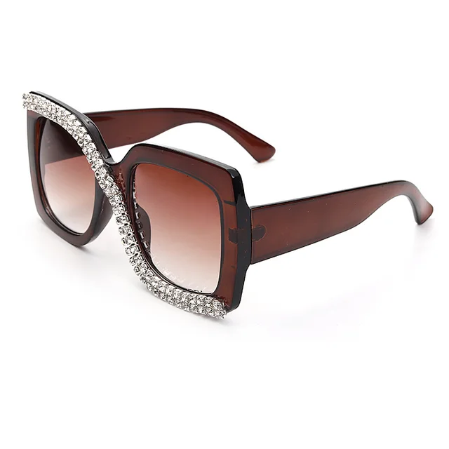 European And American Frame Big Face Thin Exaggerated Personality Sunglasses Tea Frame Silver Diamond - Shop at LoveMi