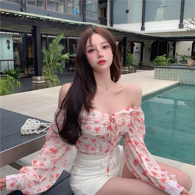 Women's Sweet Floral One shoulder Short Chiffon Shirt Pink - Shop at LoveMi