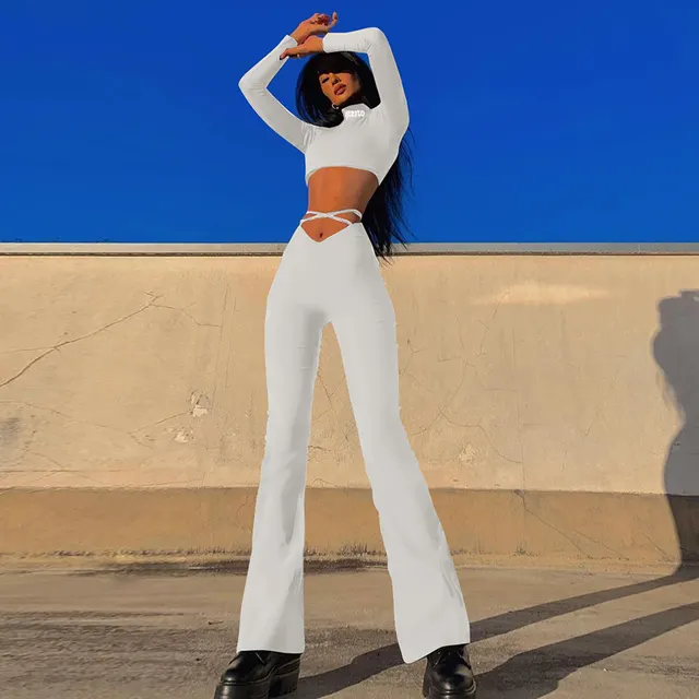 Women's V Waist Cropped Navel Cross Strap Solid Flared Casual Pants White - Shop at LoveMi