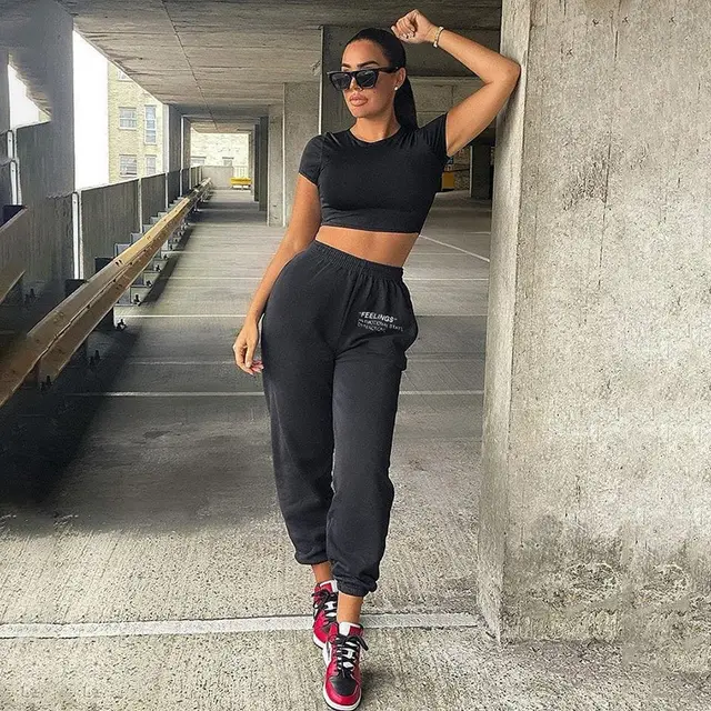 Loose Casual Pants Women's Elastic Waist Letter Print Sweatpants Black - Shop at LoveMi