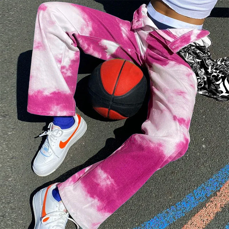 Blue Sky And White Clouds Casual Street Shooting High Waist Straight Tie dye Pants Pink - Shop at LoveMi