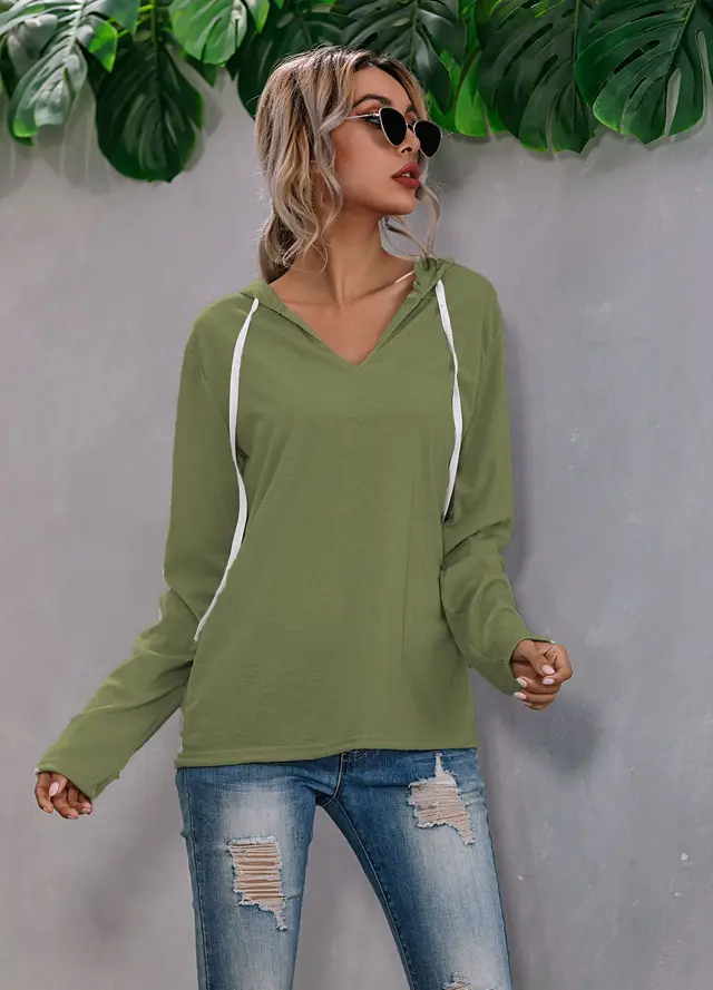 Drawstring V neck Fleece Bottoming Shirt Hooded Sweatshirt Green - Shop at LoveMi