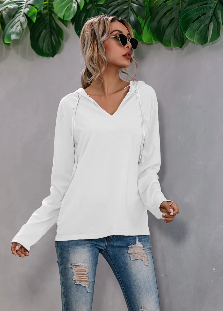 Drawstring V neck Fleece Bottoming Shirt Hooded Sweatshirt White - Shop at LoveMi