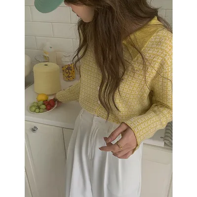 Houndstooth Wool Knitted Cardigan Women's New Polo Collar Light Yellow White - Shop at LoveMi