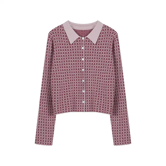Houndstooth Wool Knitted Cardigan Women's New Polo Collar Pink New Dark Red - Shop at LoveMi