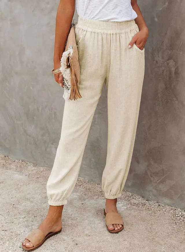 Solid Color Loose Slip Pocket High Waist Cropped Pants Apricot - Shop at LoveMi