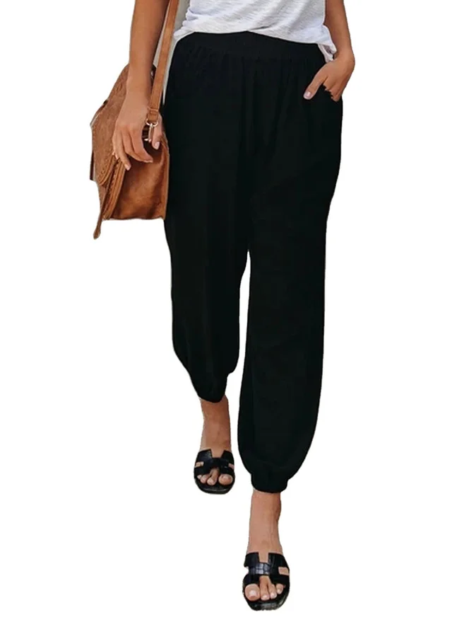 Solid Color Loose Slip Pocket High Waist Cropped Pants Black - Shop at LoveMi