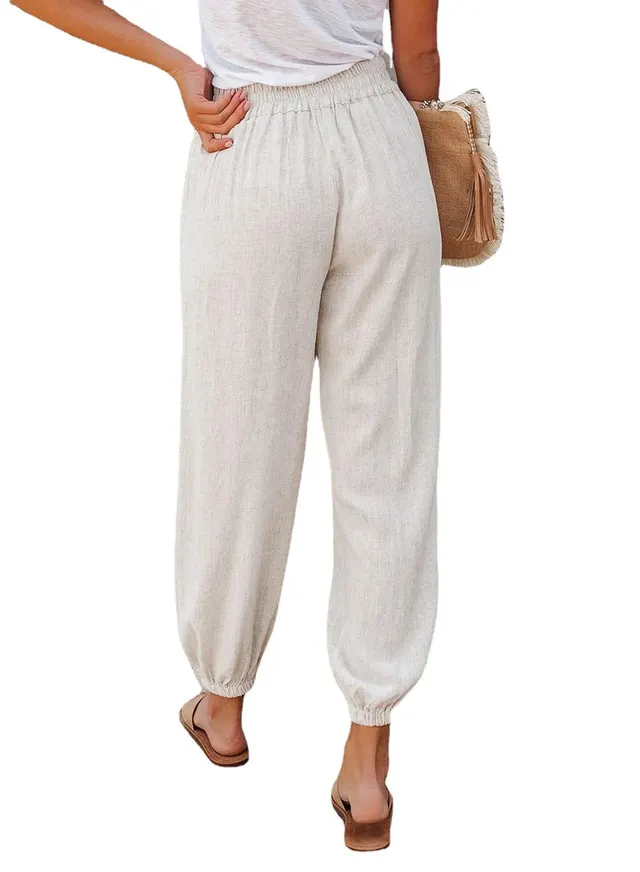 Solid Color Loose Slip Pocket High Waist Cropped Pants Khaki - Shop at LoveMi