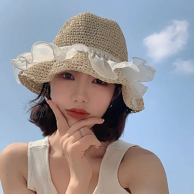 Spring Autumn Summer Beach Straw Mesh Hat Beige - Shop at LoveMi
